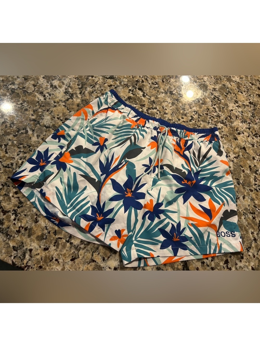 BOSS Mens Swim Shorts with Blue and Orange Accents